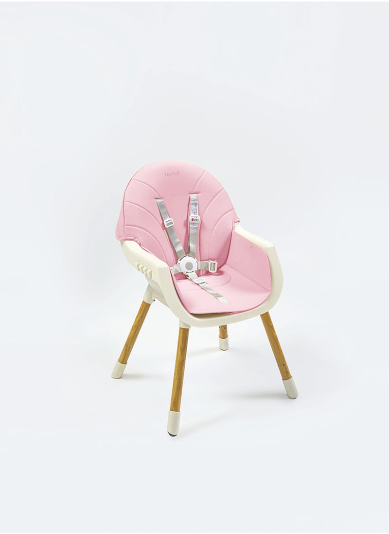 Nurtur 2 in 1High chair, adjustable height, wooden finish, with padded cushioning, Detachable Tray, footrest included - Pink