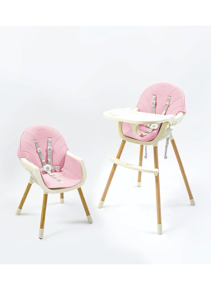 Nurtur 2 in 1High chair, adjustable height, wooden finish, with padded cushioning, Detachable Tray, footrest included - Pink