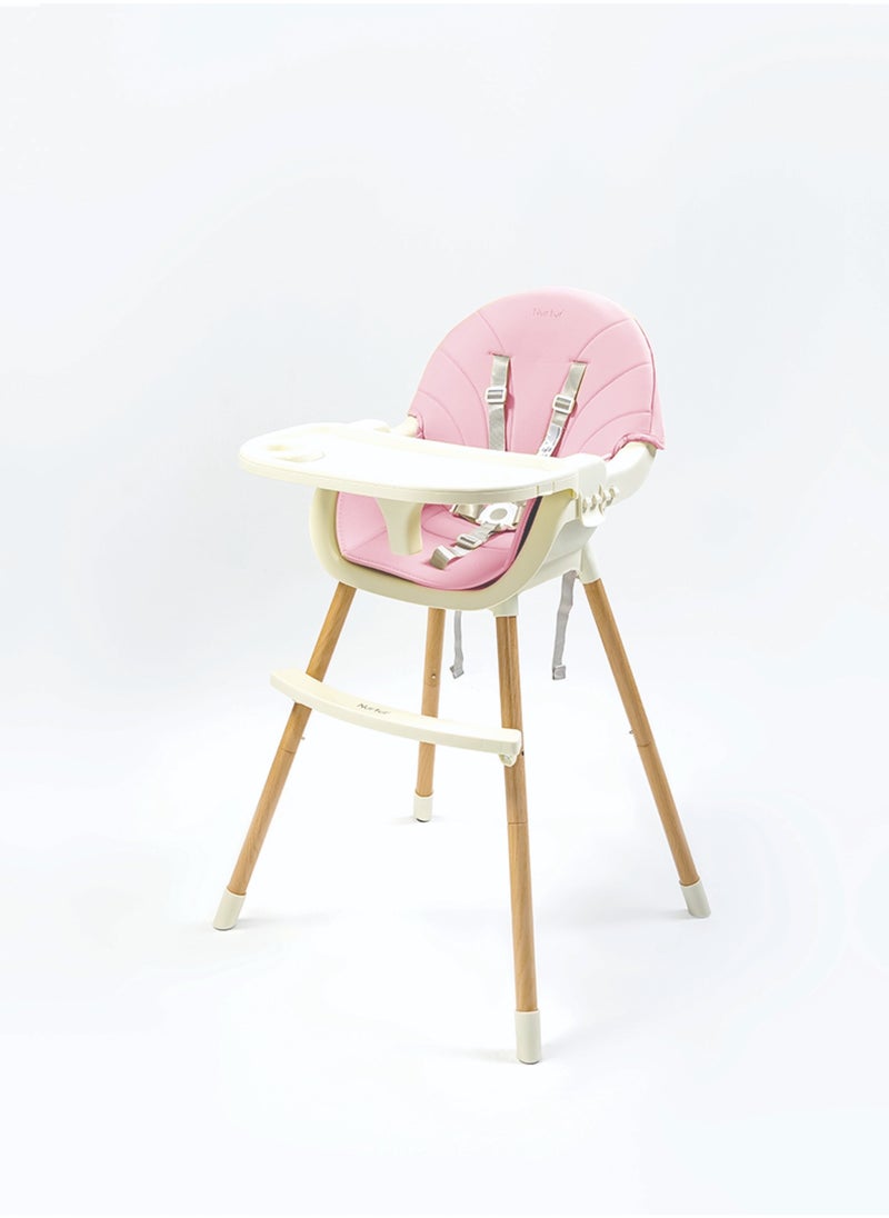 Nurtur 2 in 1High chair, adjustable height, wooden finish, with padded cushioning, Detachable Tray, footrest included - Pink