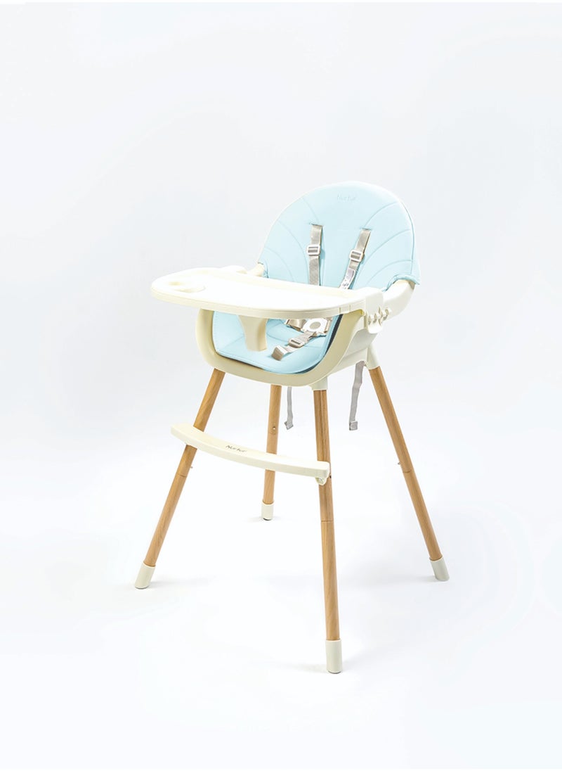 Nurtur 2 in 1High chair, adjustable height, wooden finish, with padded cushioning, Detachable Tray, footrest included - Blue