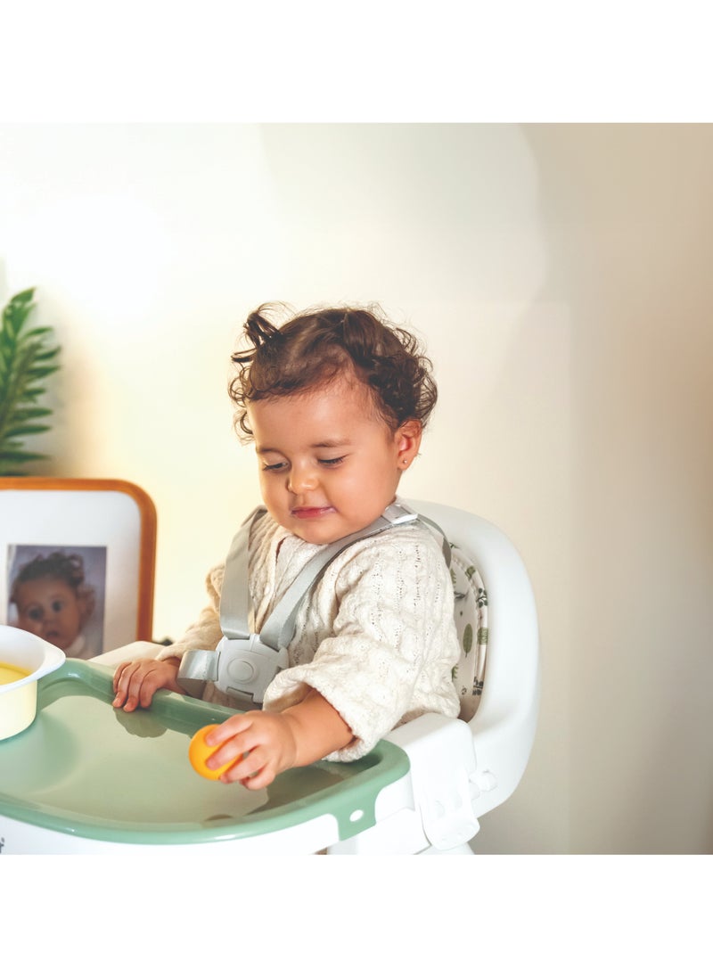 Nurtur High chair, Storage Basket, Lockable Wheels, wooden finish, with padded cushioning, Detachable Tray, footrest included - Green