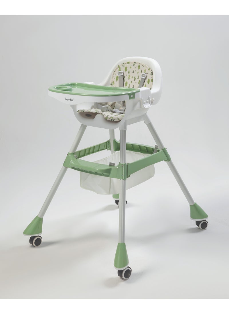 Nurtur High chair, Storage Basket, Lockable Wheels, wooden finish, with padded cushioning, Detachable Tray, footrest included - Green