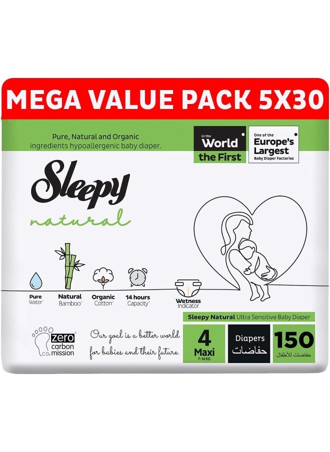 Natural Size 4, Newborn, 150 Count, 7-14Kg Hypoallergenic Baby Dry Diapers, Organic Cotton, Highly Absorbent, Bamboo Extract, Ultimate Comfort And Dryness, 100% Leakage Protection