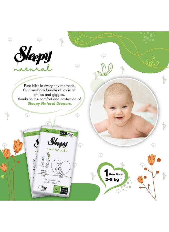 Natural Size 1, Newborn, 40 Count, 2-5Kg Hypoallergenic Baby Dry Diapers, Organic Cotton, Highly Absorbent, Bamboo Extract, Ultimate Comfort And Dryness, 100% Leakage Protection