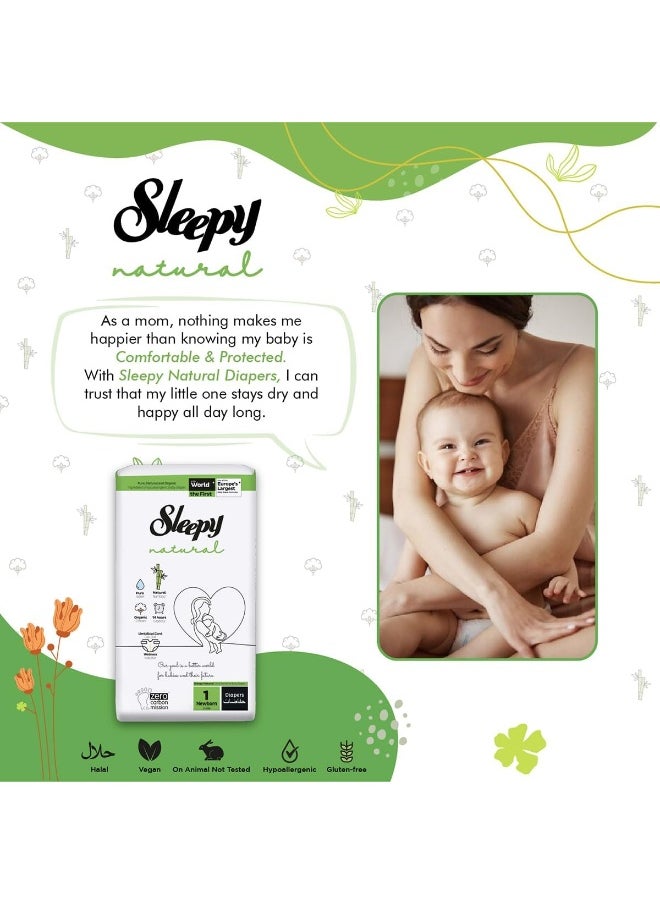 Natural Size 1, Newborn, 40 Count, 2-5Kg Hypoallergenic Baby Dry Diapers, Organic Cotton, Highly Absorbent, Bamboo Extract, Ultimate Comfort And Dryness, 100% Leakage Protection