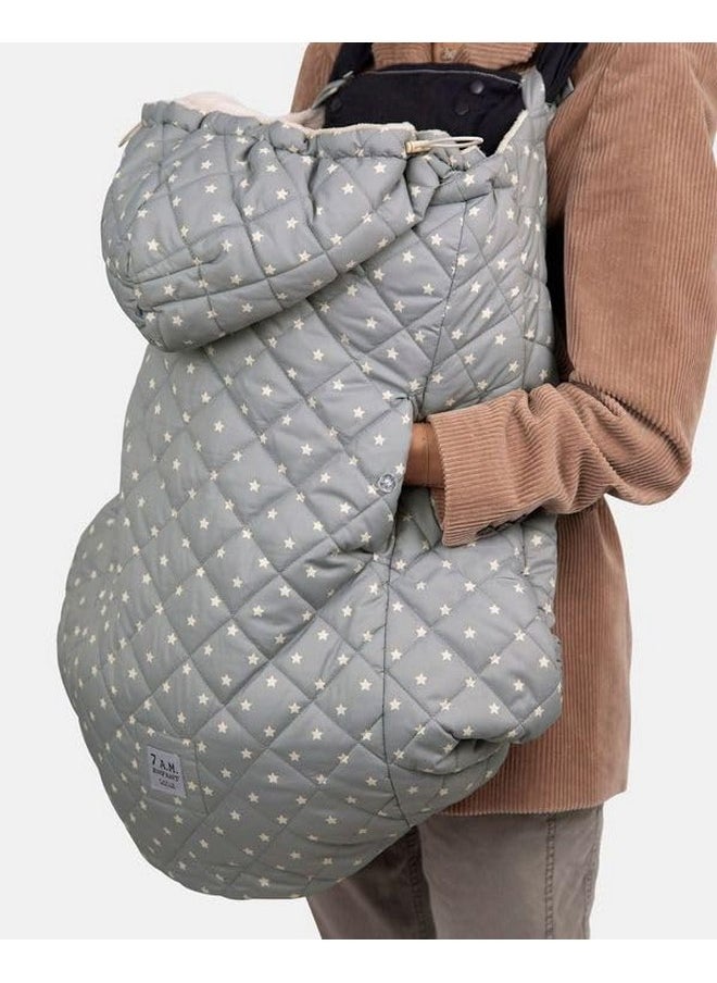 7AM Enfant Baby Carrier Cover - K-Poncho Universal Winter Ultra Soft Plush Lining, Multifunction Stroller & Car Seat Blanket Cover, Water Repellent Bunting Bag for Cold Weather | Print Grey Stars