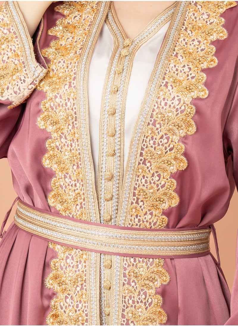 Belted Elegant 2-Piece Kaftan IK2020 Pink