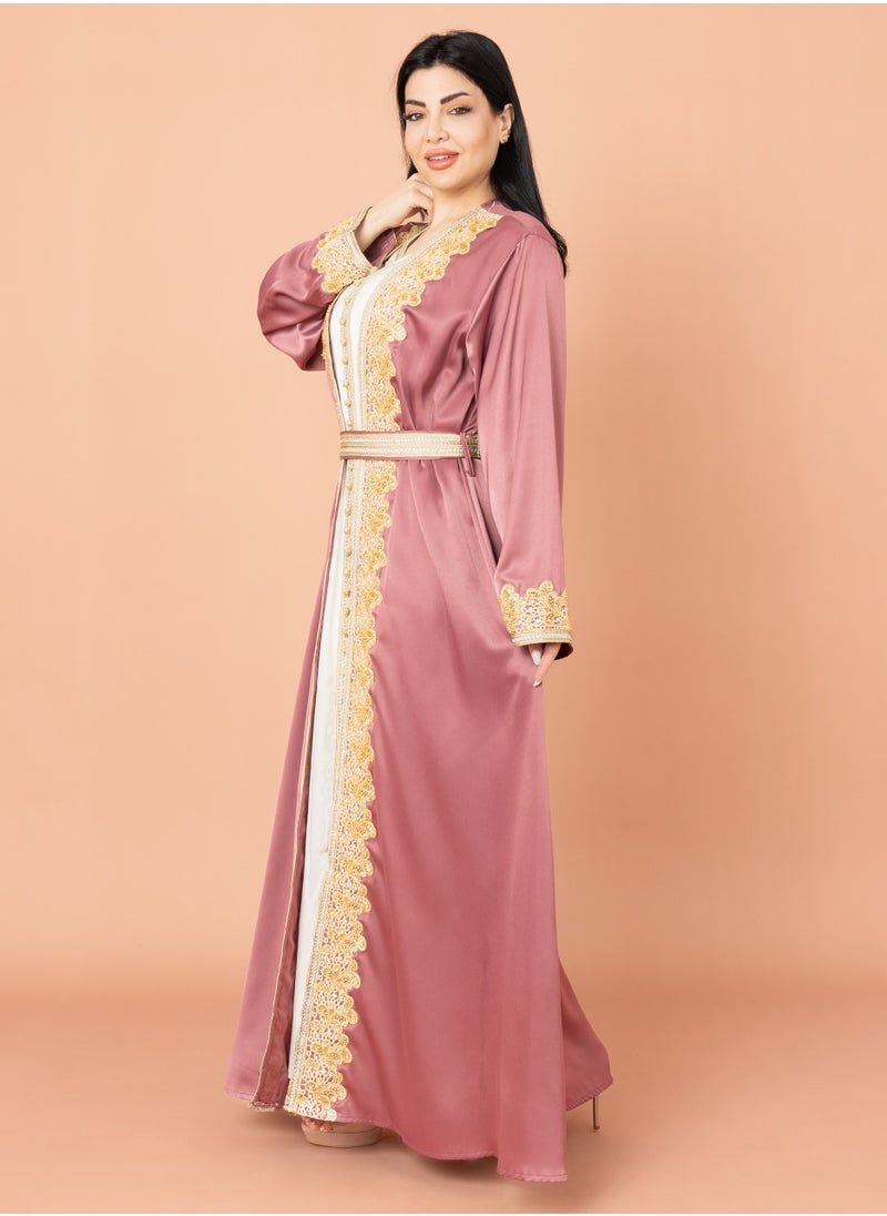 Belted Elegant 2-Piece Kaftan IK2020 Pink