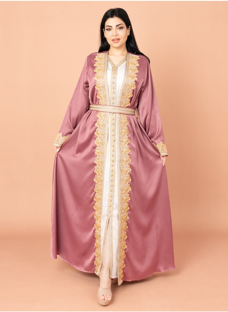 Belted Elegant 2-Piece Kaftan IK2020 Pink