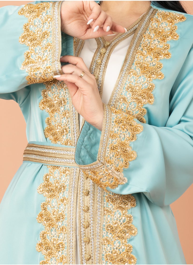 Belted Elegant 2-Piece Kaftan IK2020 Turquoise