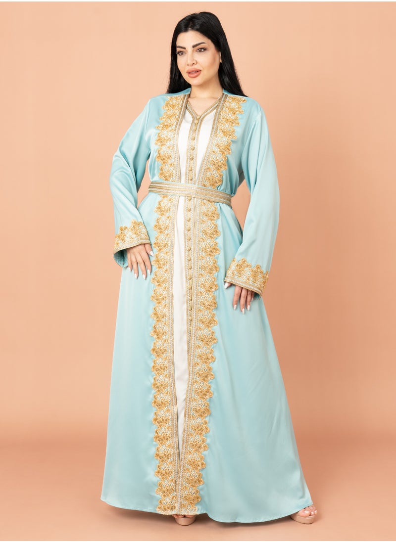 Belted Elegant 2-Piece Kaftan IK2020 Turquoise
