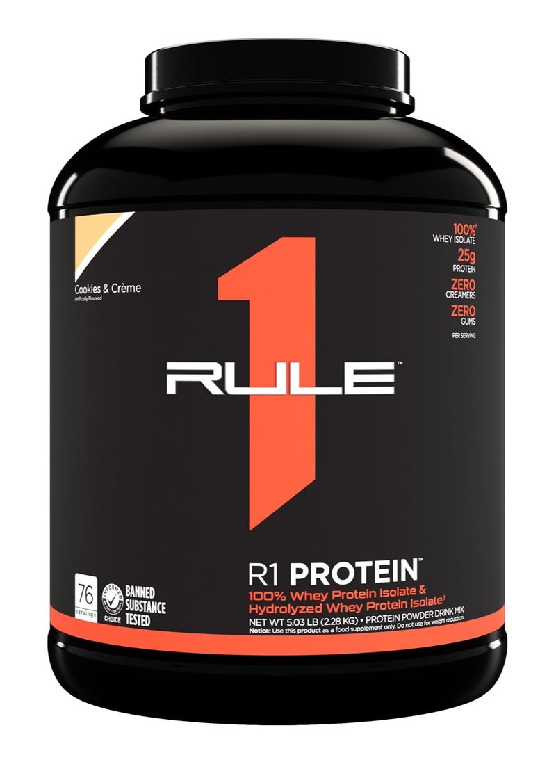 Rule1, Whey Protein Isolate, 25g Protein, 5 Lbs, Cookies & Creme, 76 Servings