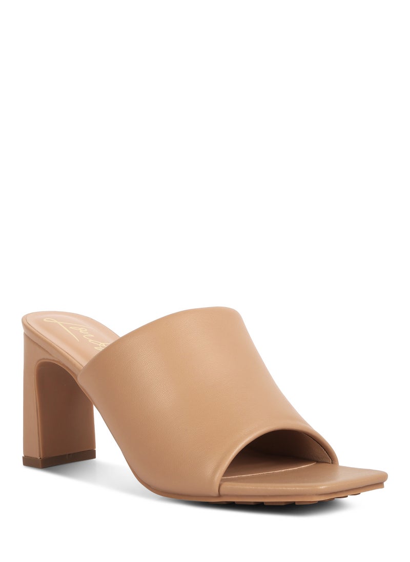 Slip-On Mid Heel Sandals in Camel