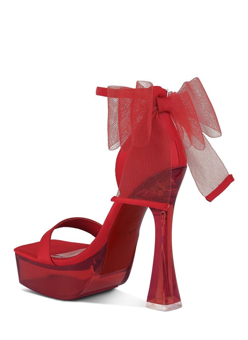 Kiri Satin Clear High Heeled Bow Sandals in Red