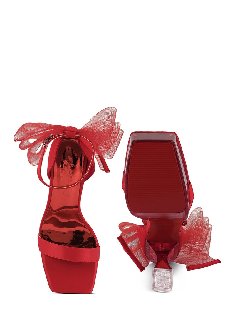 Kiri Satin Clear High Heeled Bow Sandals in Red