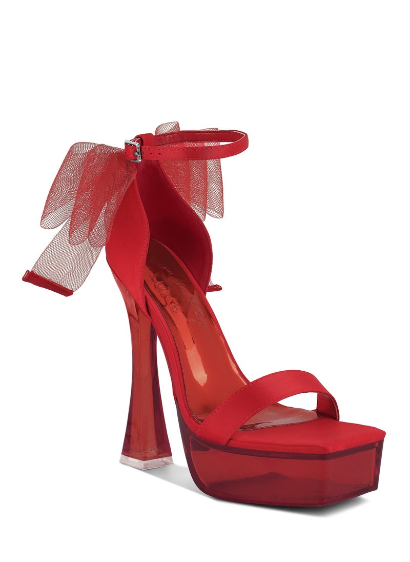 Kiri Satin Clear High Heeled Bow Sandals in Red