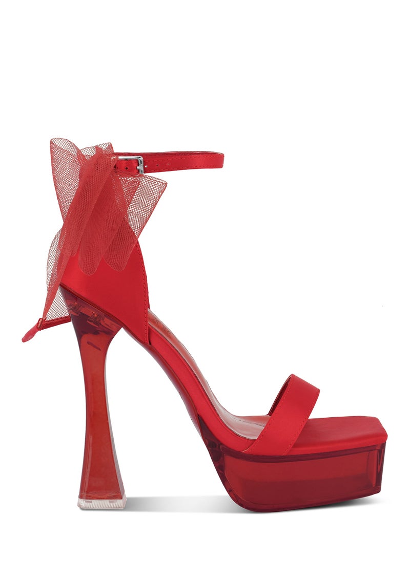 Kiri Satin Clear High Heeled Bow Sandals in Red