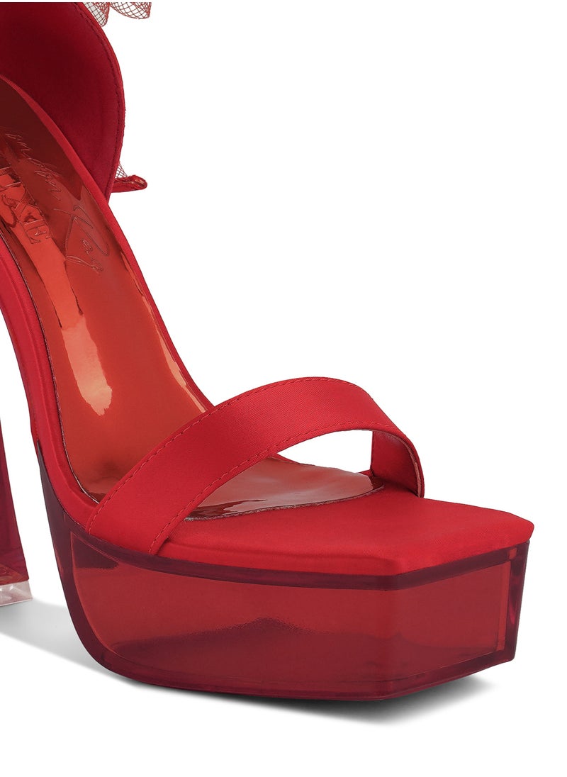 Kiri Satin Clear High Heeled Bow Sandals in Red