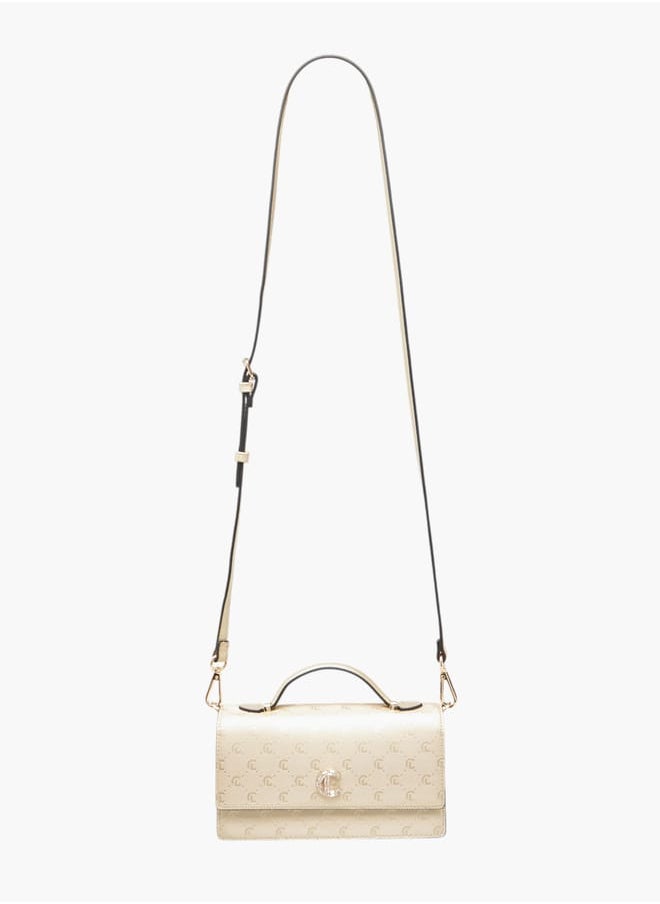 Women Monogram Detail Crossbody Bag with Detachable Strap and Magnetic Closure