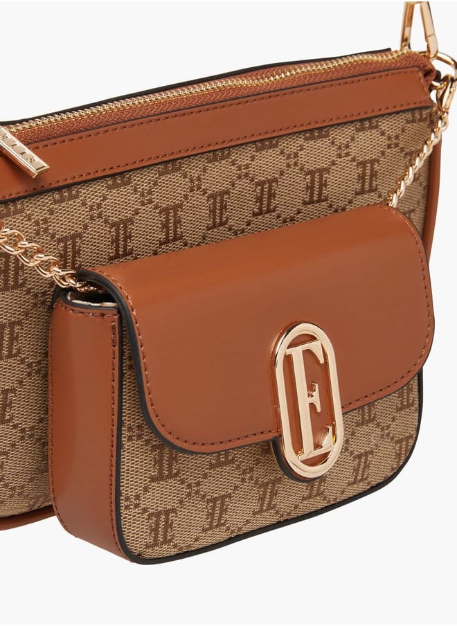 Women Monogram Jacquard Textured Crossbody Bag with Adjustable Strap
