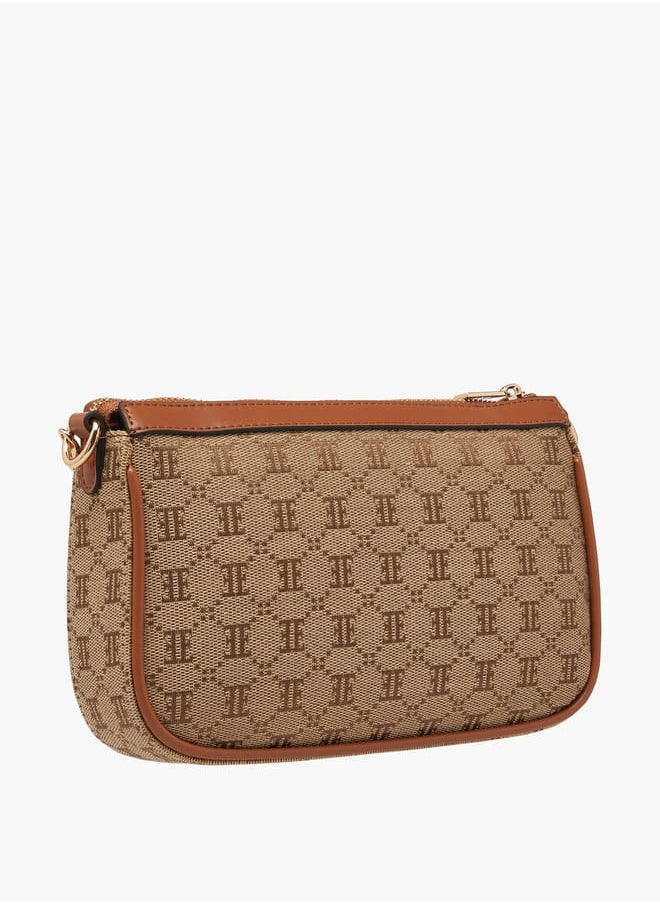 Women Monogram Jacquard Textured Crossbody Bag with Adjustable Strap