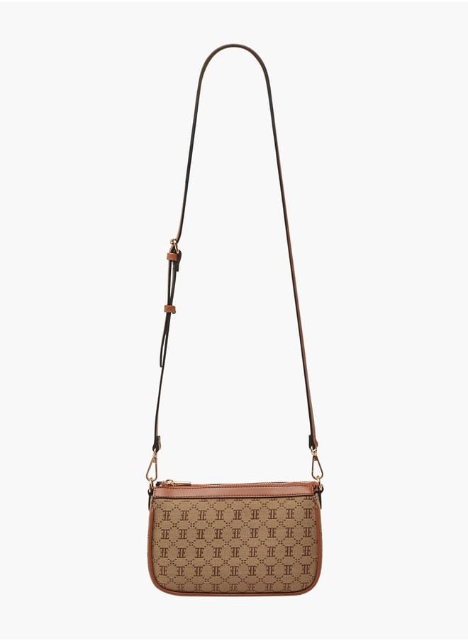 Women Monogram Jacquard Textured Crossbody Bag with Adjustable Strap