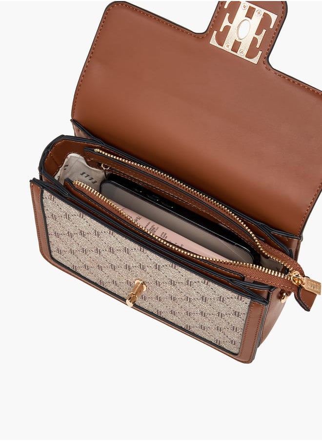 Women Monogram Print Crossbody Bag with Detachable Strap