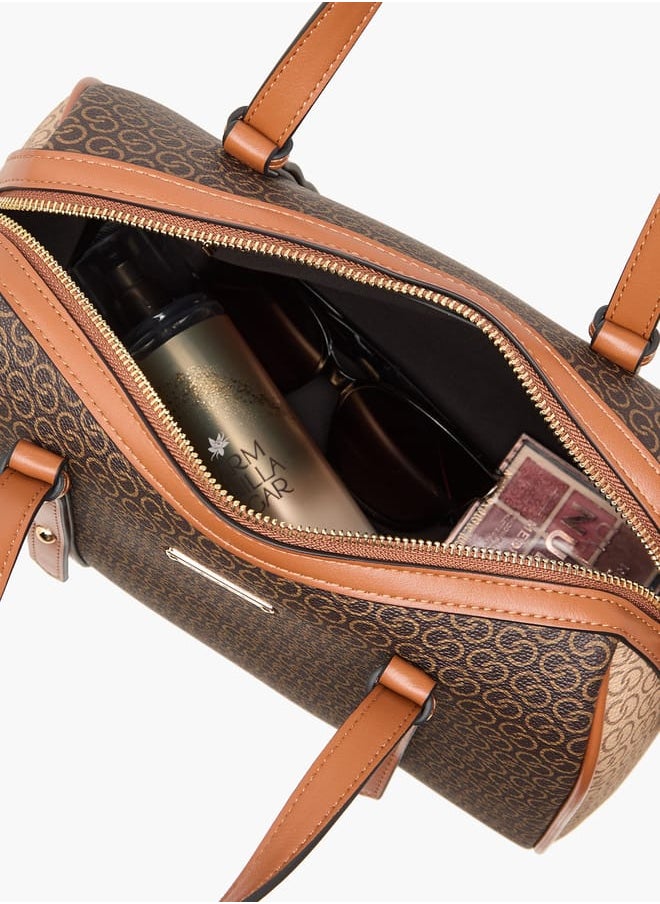 Women Monogram Print Tote Bag with Zip Closure and Detachable Strap
