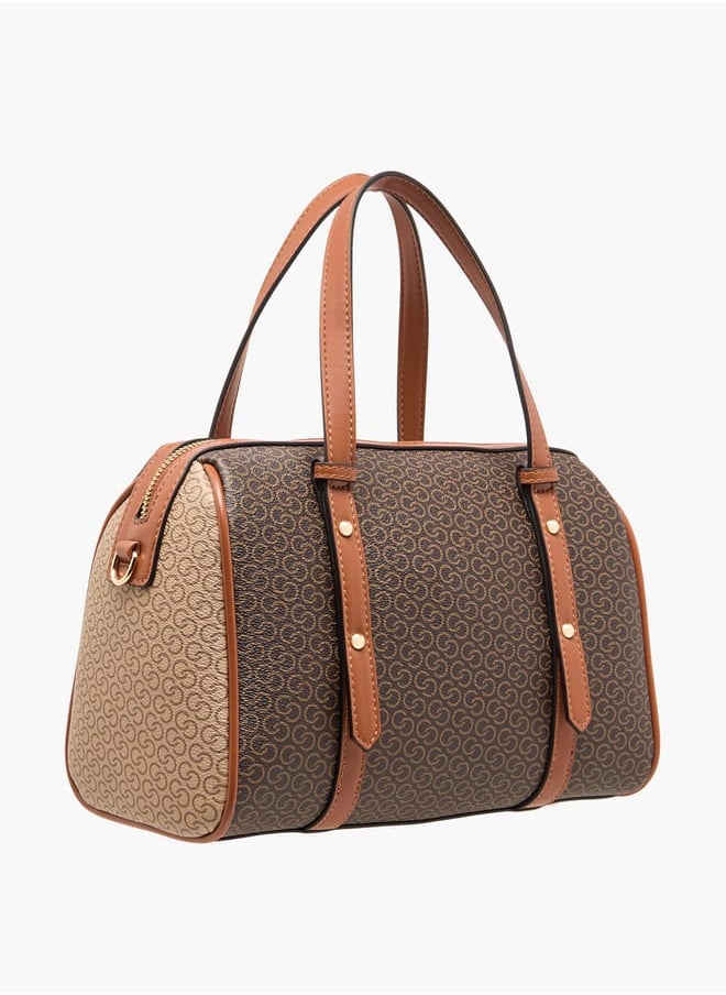 Women Monogram Print Tote Bag with Zip Closure and Detachable Strap