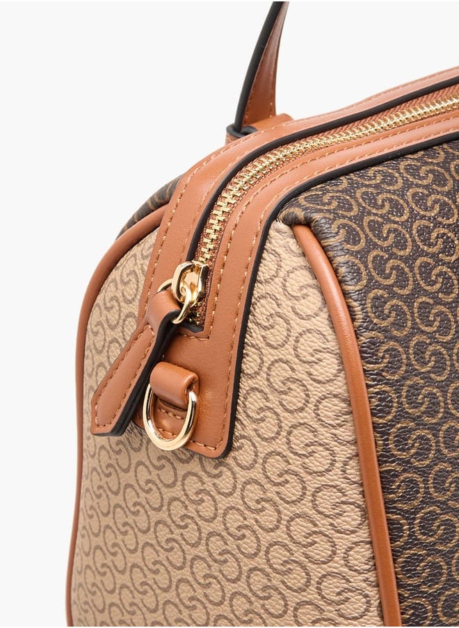 Women Monogram Print Tote Bag with Zip Closure and Detachable Strap