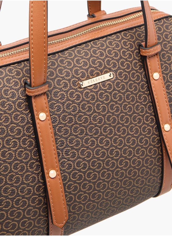 Women Monogram Print Tote Bag with Zip Closure and Detachable Strap