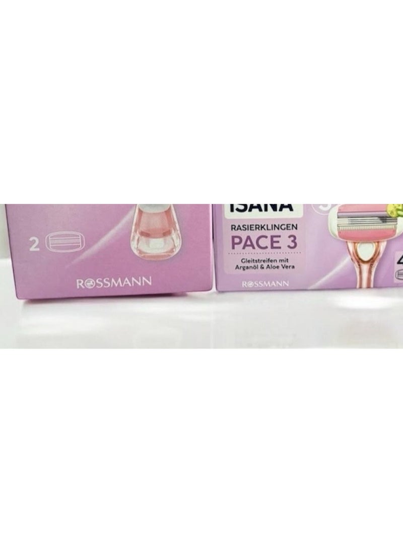 German Brand -ISANA Rossmann PACE 3 Hair Removal Razor for Women (Ergonomic reusable handle and 6 replaceable razor blades) Made in Germany