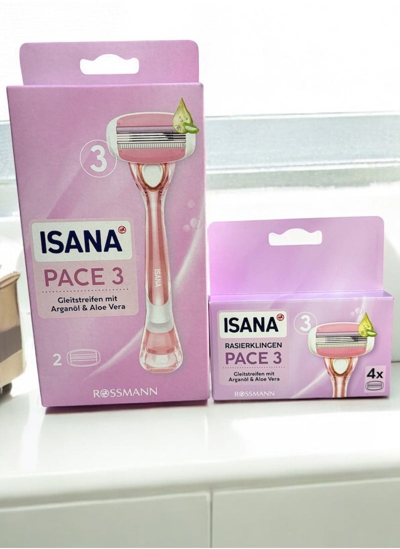 German Brand -ISANA Rossmann PACE 3 Hair Removal Razor for Women (Ergonomic reusable handle and 6 replaceable razorblades) Made in Germany