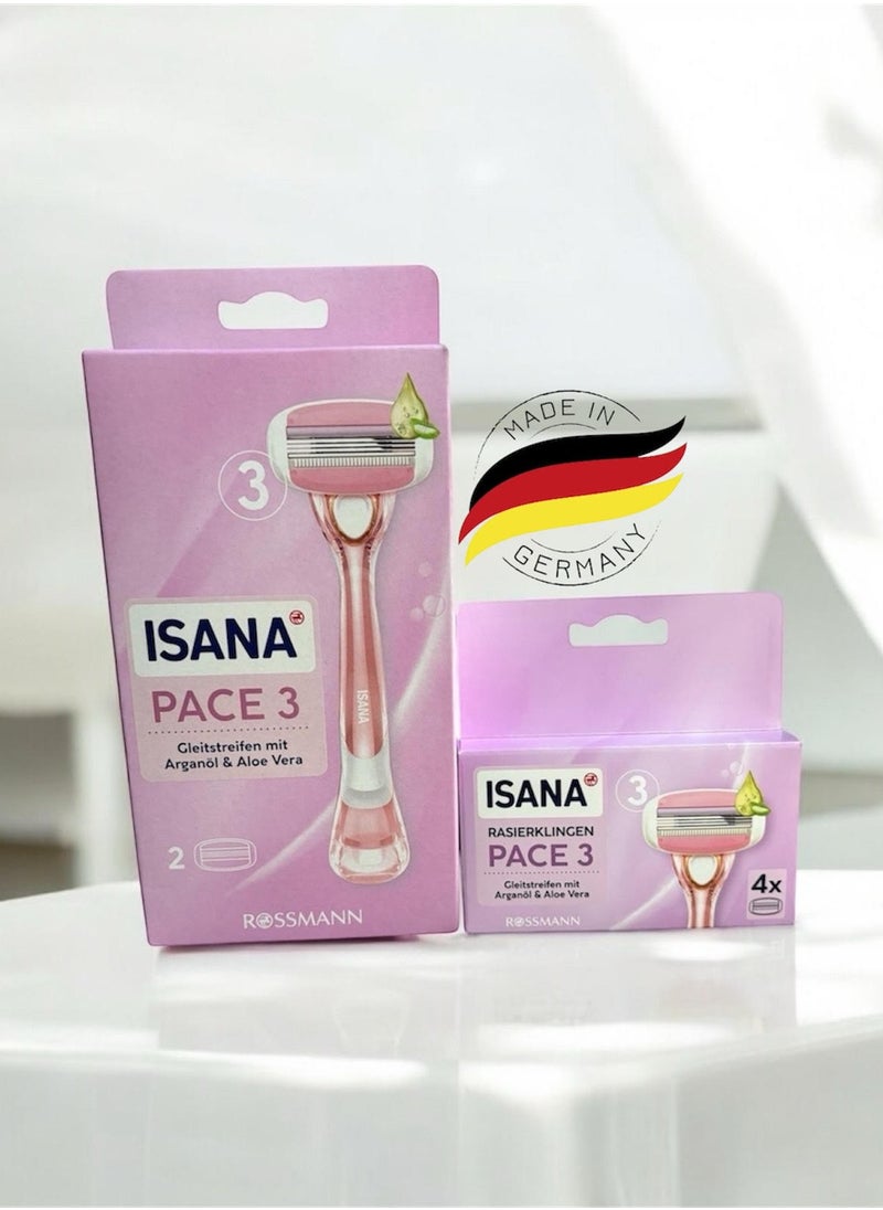 German Brand -ISANA Rossmann PACE 3 Hair Removal Razor for Women (Ergonomic reusable handle and 6 replaceable razor blades) Made in Germany