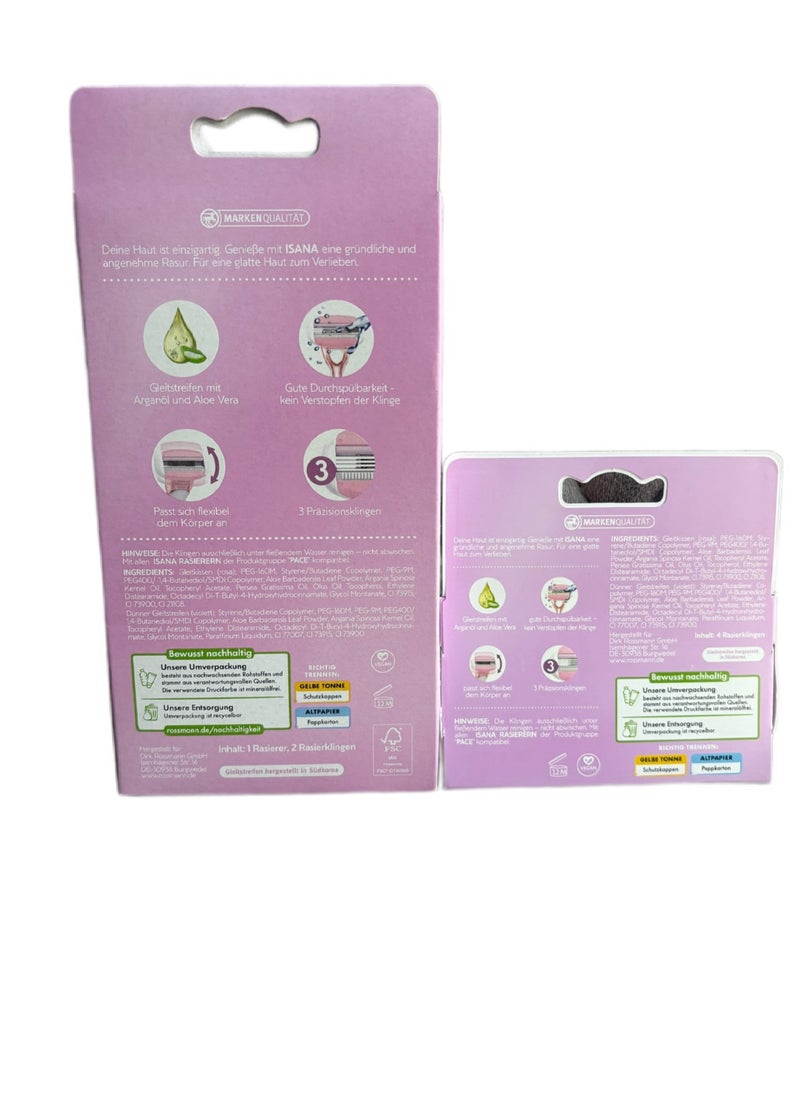 German Brand -ISANA Rossmann PACE 3 Hair Removal Razor for Women (Ergonomic reusable handle and 6 replaceable razorblades) Made in Germany