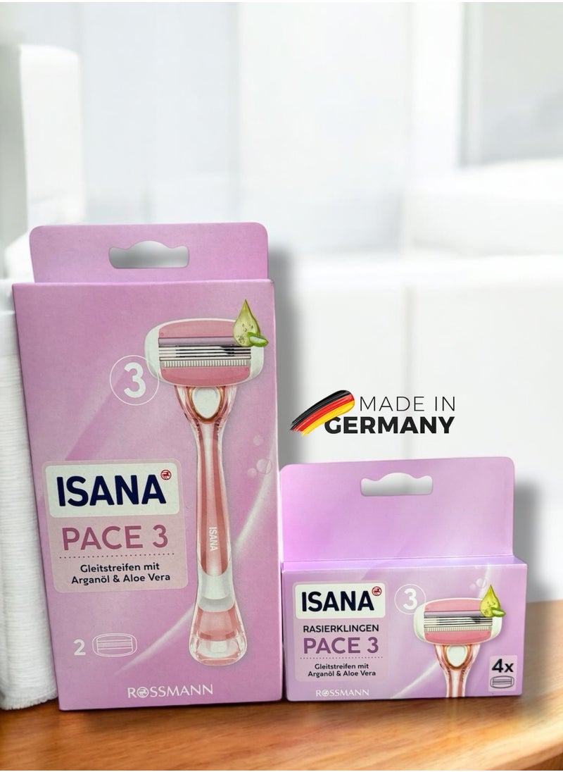 German Brand -ISANA Rossmann PACE 3 Hair Removal Razor for Women (Ergonomic reusable handle and 6 replaceable razorblades) Made in Germany