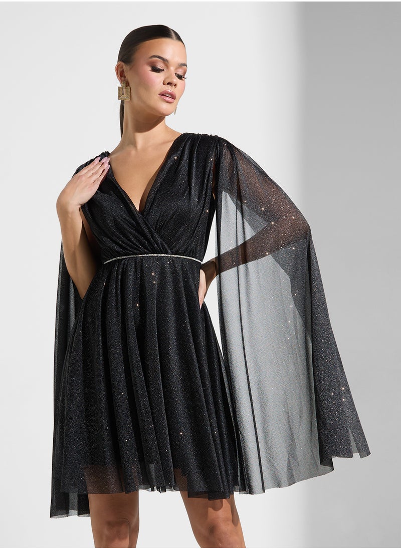 Shimmer Dress With Exaggerated Sleeve