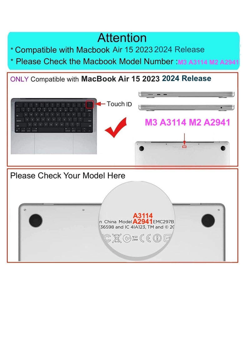 Case for MacBook Air 15 inch, Crystal Clear Case 2023 Release A2941 M2 Chip with Liquid Retina Display, Plastic Hard Shell & Keyboard Cover & Screen Protector Compatible with MacBook Air 15