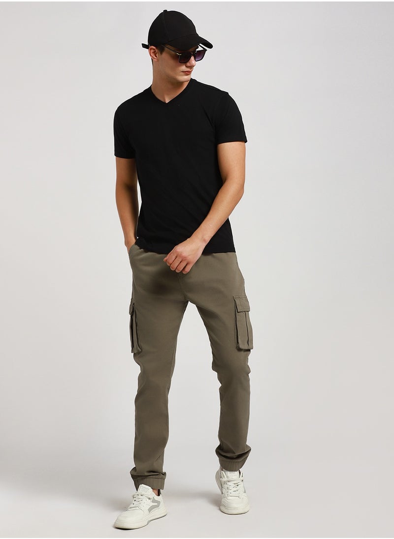 Taupe Slim Fit Solid Trouser for Men - Cotton Blend, Full Length, Button & Zip, Mid Rise, Casual