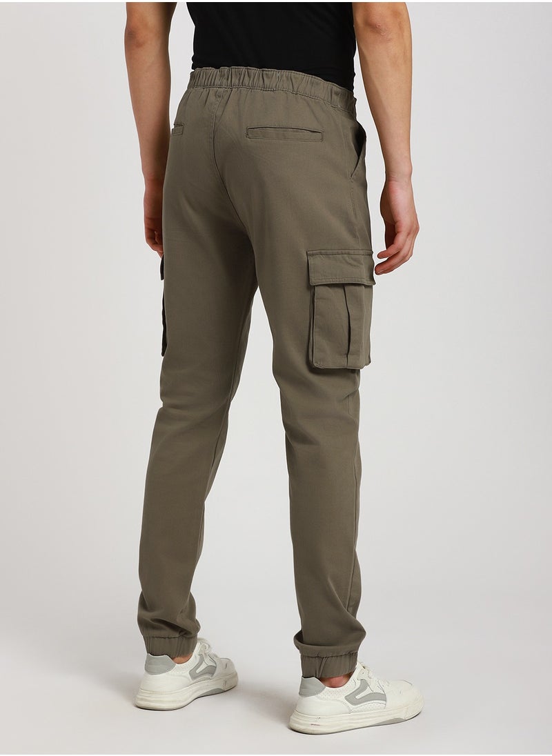 Taupe Slim Fit Solid Trouser for Men - Cotton Blend, Full Length, Button & Zip, Mid Rise, Casual