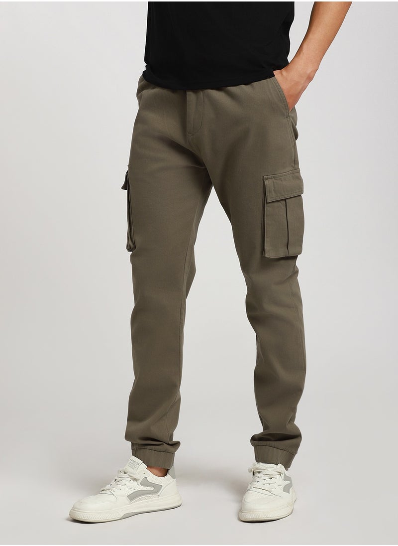 Taupe Slim Fit Solid Trouser for Men - Cotton Blend, Full Length, Button & Zip, Mid Rise, Casual