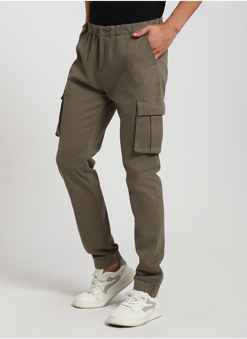 Taupe Slim Fit Solid Trouser for Men - Cotton Blend, Full Length, Button & Zip, Mid Rise, Casual