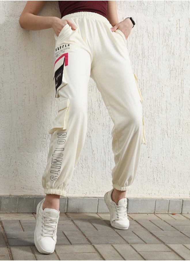 Women's White Cotton Blend Printed Full Length Cargo Regular Fit Trouser