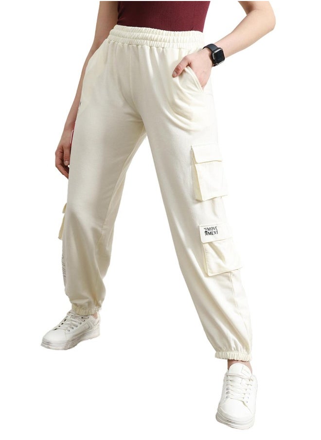 Women's White Cotton Blend Printed Full Length Cargo Regular Fit Trouser