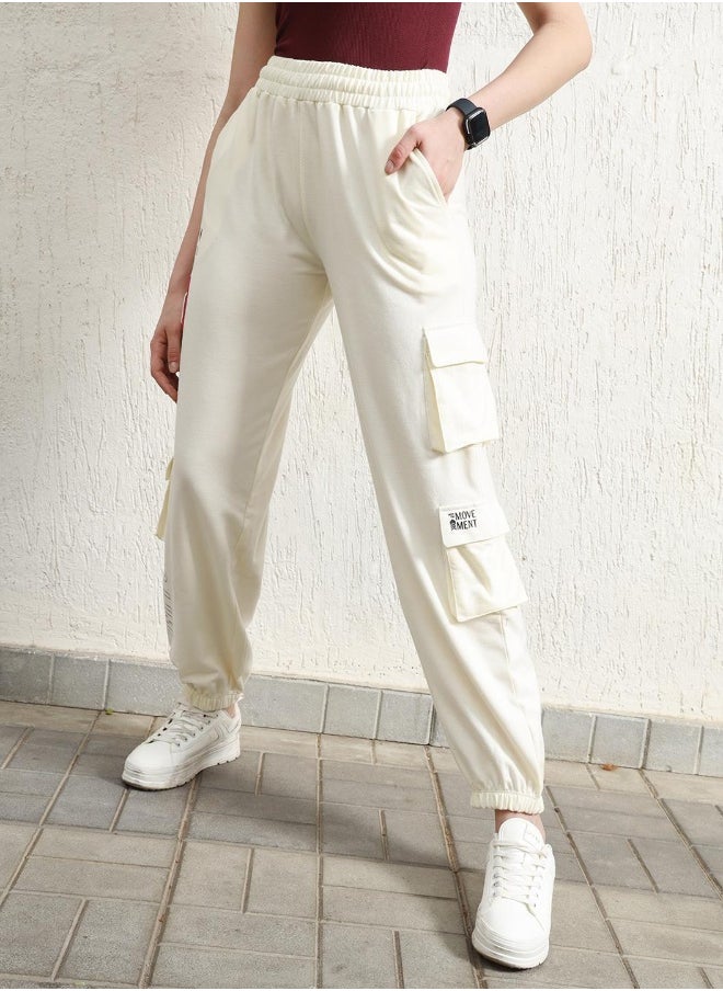 Women's White Cotton Blend Printed Full Length Cargo Regular Fit Trouser