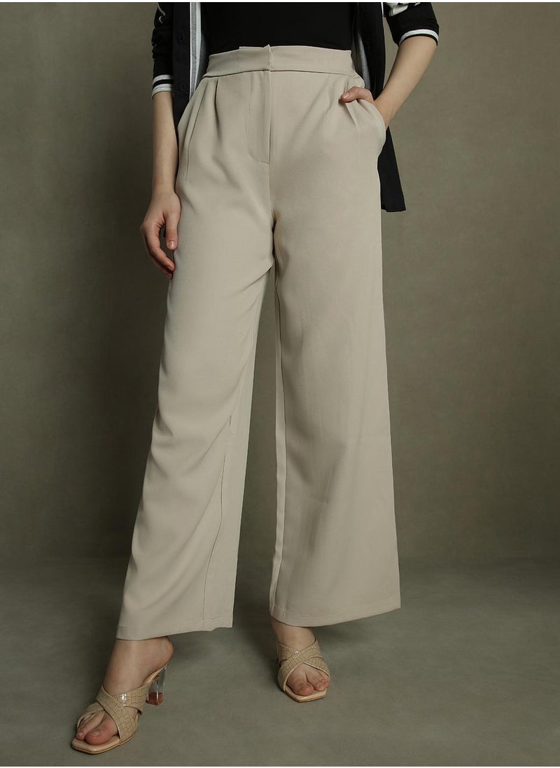 Women's Khaki 100% Polyester Solid Full Length Palazzo Relaxed Fit Trouser