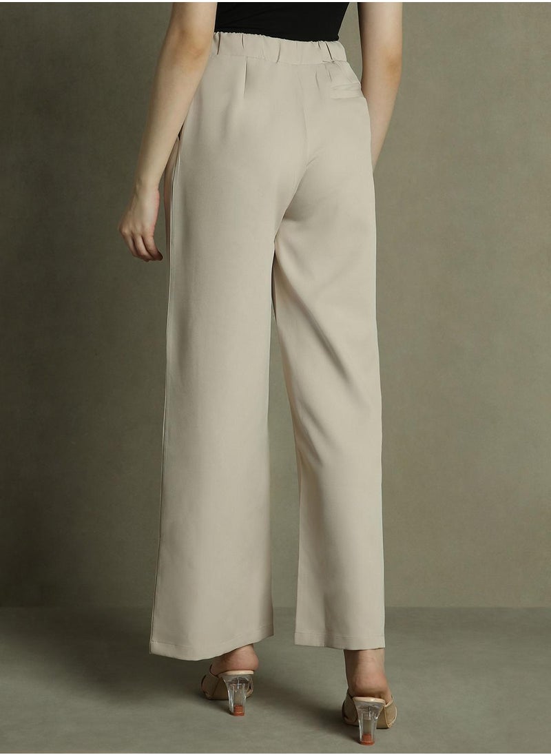 Women's Khaki 100% Polyester Solid Full Length Palazzo Relaxed Fit Trouser