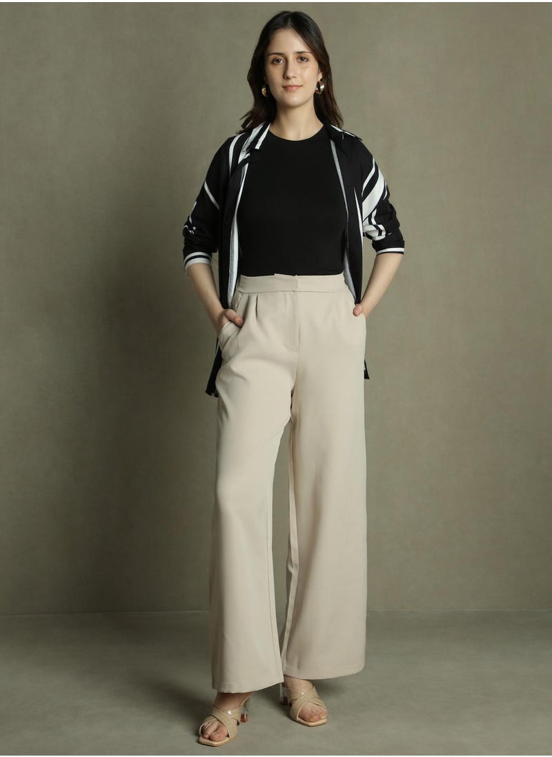 Women's Khaki 100% Polyester Solid Full Length Palazzo Relaxed Fit Trouser