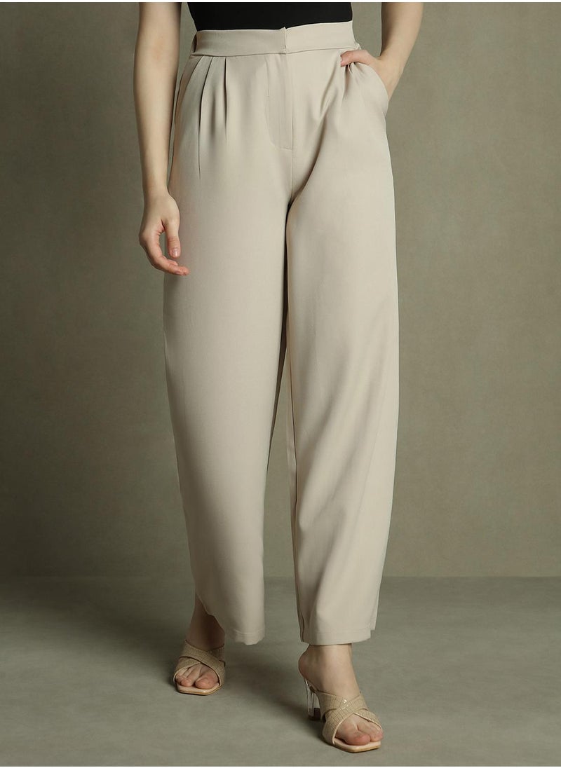 Women's Khaki 100% Polyester Solid Full Length Palazzo Relaxed Fit Trouser