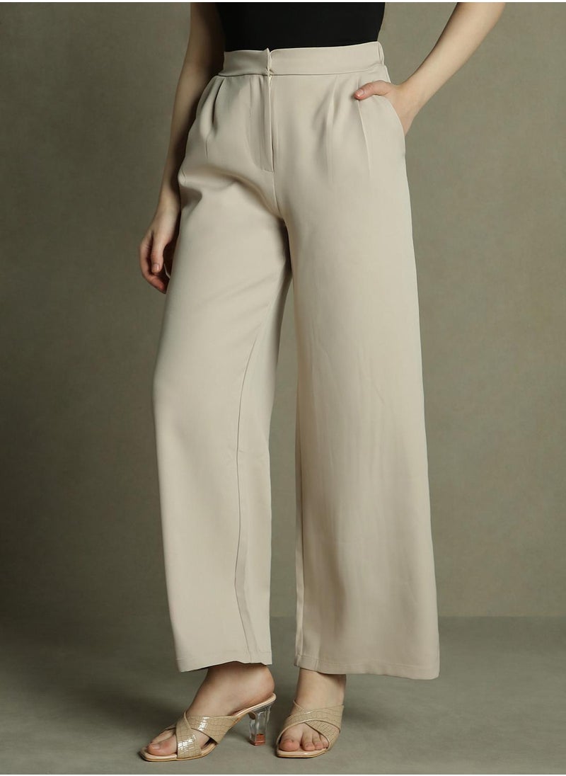 Women's Khaki 100% Polyester Solid Full Length Palazzo Relaxed Fit Trouser